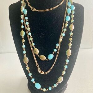 2 Gold tone-Accent Aqua Beaded Long preloved Necklace